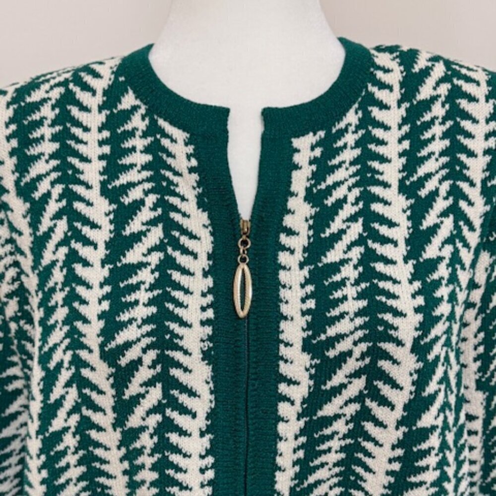The Michael Collection Green & Cream Knit Zip Front Cardigan Sweater Size XL - Picture 2 of 5